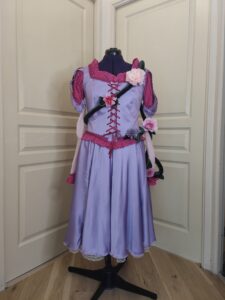 Costume de Raiponce Pirates et Princesses. Robe de couleur lavande avec détails et laçages rose vifs. Liane avec fleur et feuilles brodées enroulée autour du buste et bras gauche.